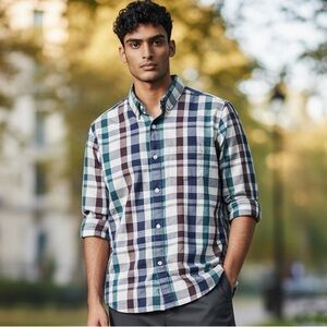 Banana Republic Men's Checkered Shirt - Blue, Green, and White